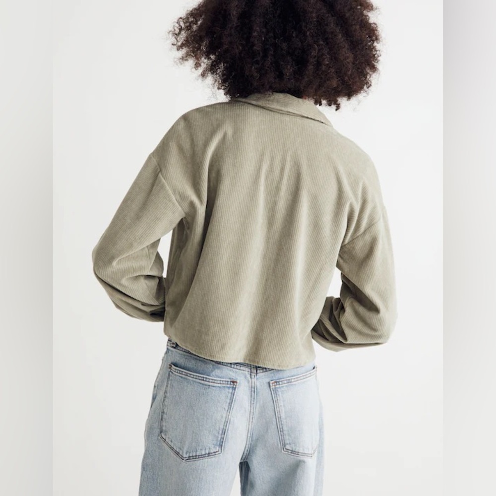 Madewell Knit Corduroy Crop Shirt-Jacket Sage Green Olive Button-Front Pocket - Picture 3 of 8